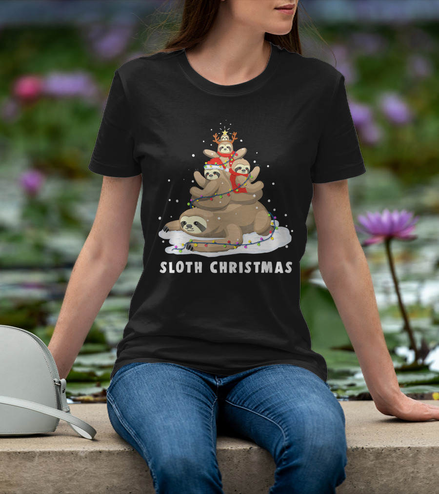 Sloth Christmas Tree With Reindeer And Santa Hats T-Shirt