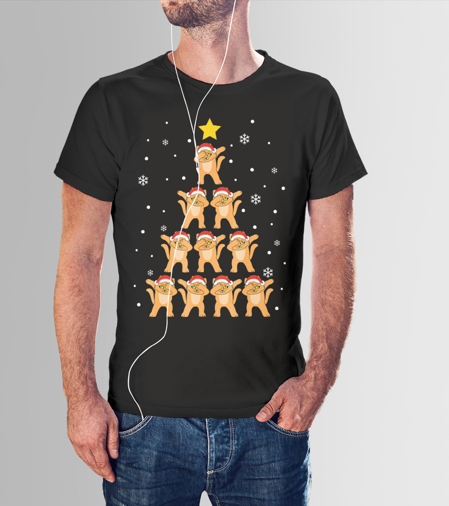 Christmas Tree Dabbing Cats With Santa Hats And Snowflakes T-Shirt