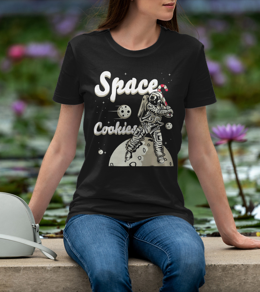 Space Cookies Xmas Weed Astronaut With Candy Cane On Moon T-Shirt