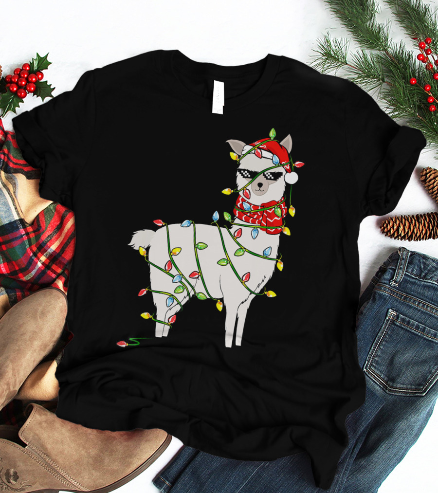 Llama Wrapped In Christmas Lights Wearing Santa Hat And Scarf T-Shirt