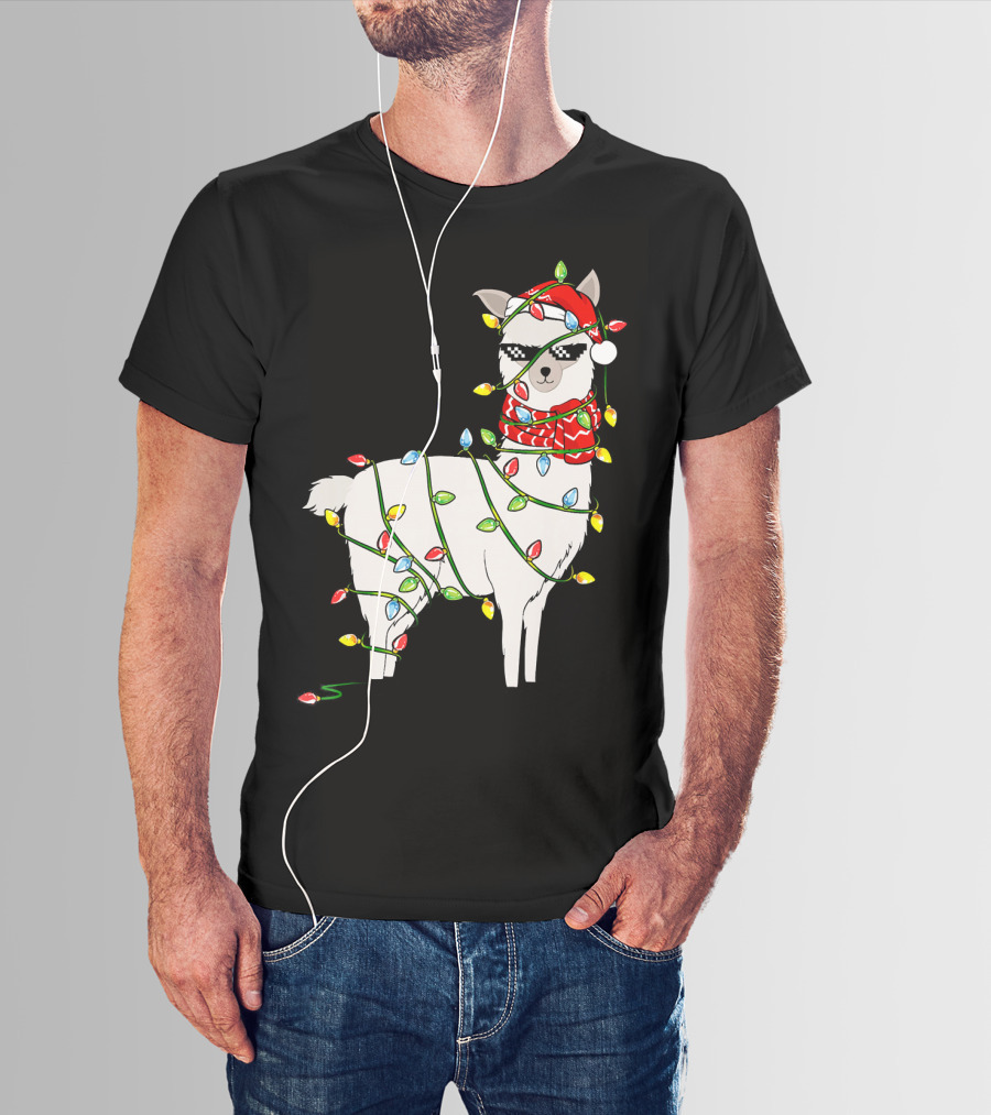 Llama Wrapped In Christmas Lights Wearing Santa Hat And Scarf T-Shirt