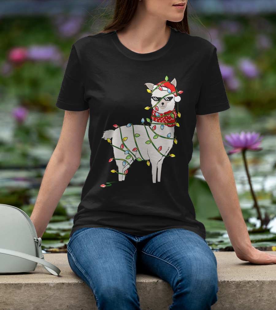 Llama Wrapped In Christmas Lights Wearing Santa Hat And Scarf T-Shirt