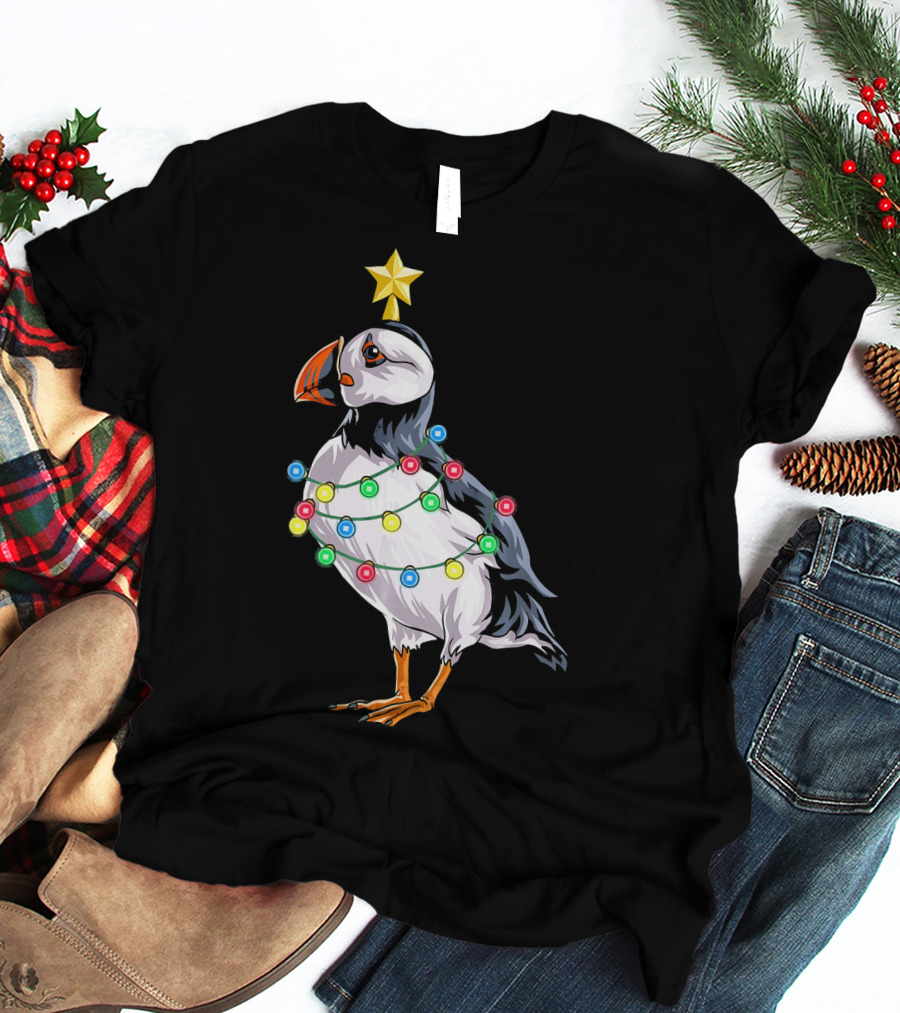Puffin Bird Wrapped In Christmas Lights With Star T-Shirt