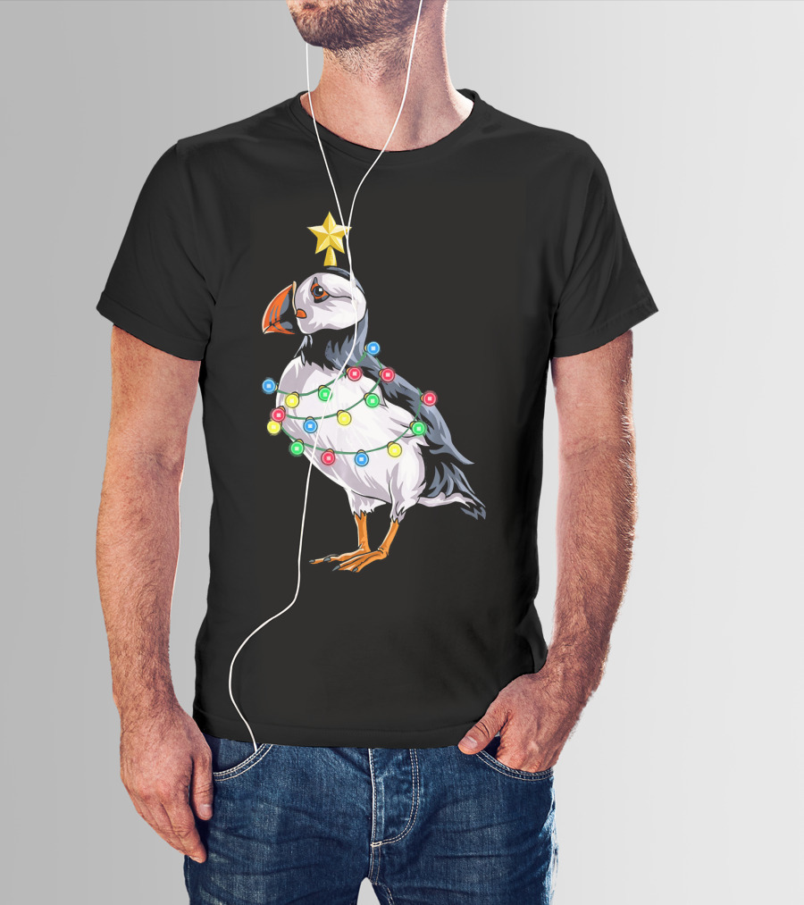 Puffin Bird Wrapped In Christmas Lights With Star T-Shirt