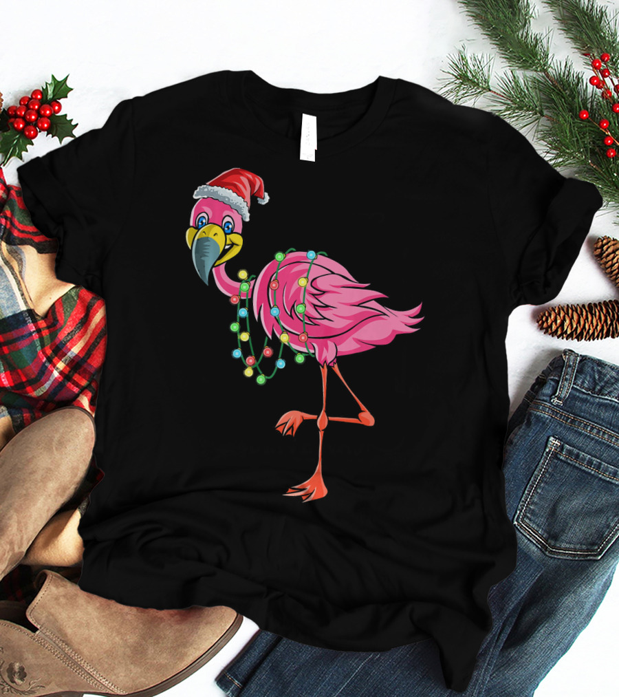 Christmas Flamingo Santa Hat Festive Lights Fun T-Shirt