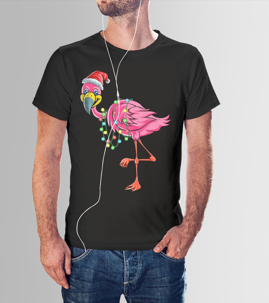 Christmas Flamingo Santa Hat Festive Lights Fun T-Shirt