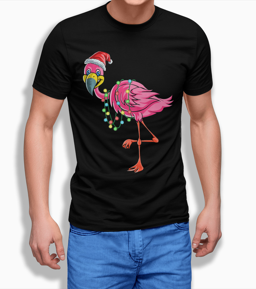 Christmas Flamingo Santa Hat Festive Lights Fun T-Shirt