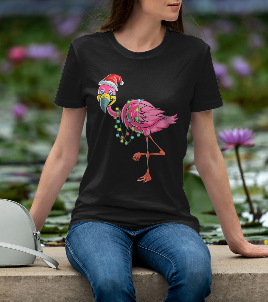 Christmas Flamingo Santa Hat Festive Lights Fun T-Shirt