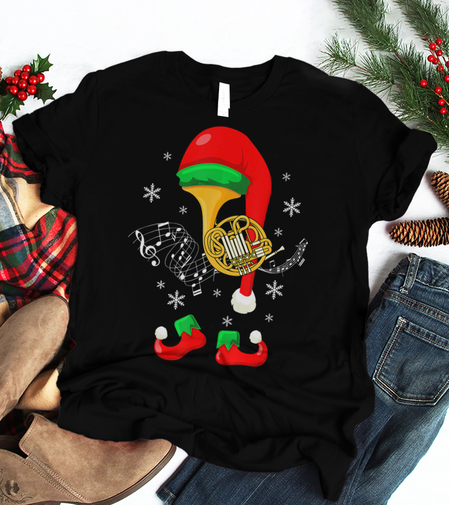 Elf French Horn Music With Christmas Hat And Shoes T-Shirt