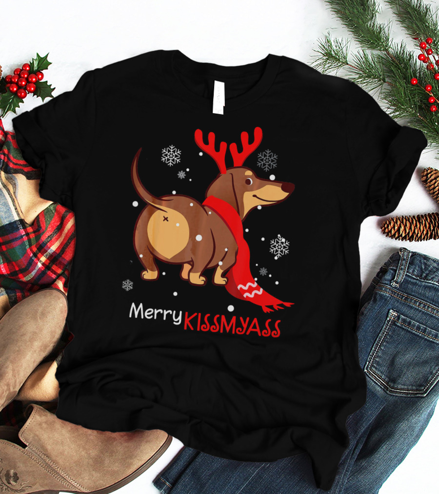 Funny Dog Dachshund Christmas Merry Kiss My Ass T-Shirt
