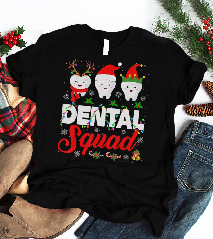 Dental Squad Funny Hygienist Dentist Love Christmas Themed Tooth Characters T-Shirt