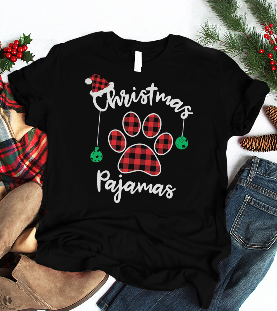 Christmas Pajamas Buffalo Plaid Santa Hat Paw Prints T-Shirt