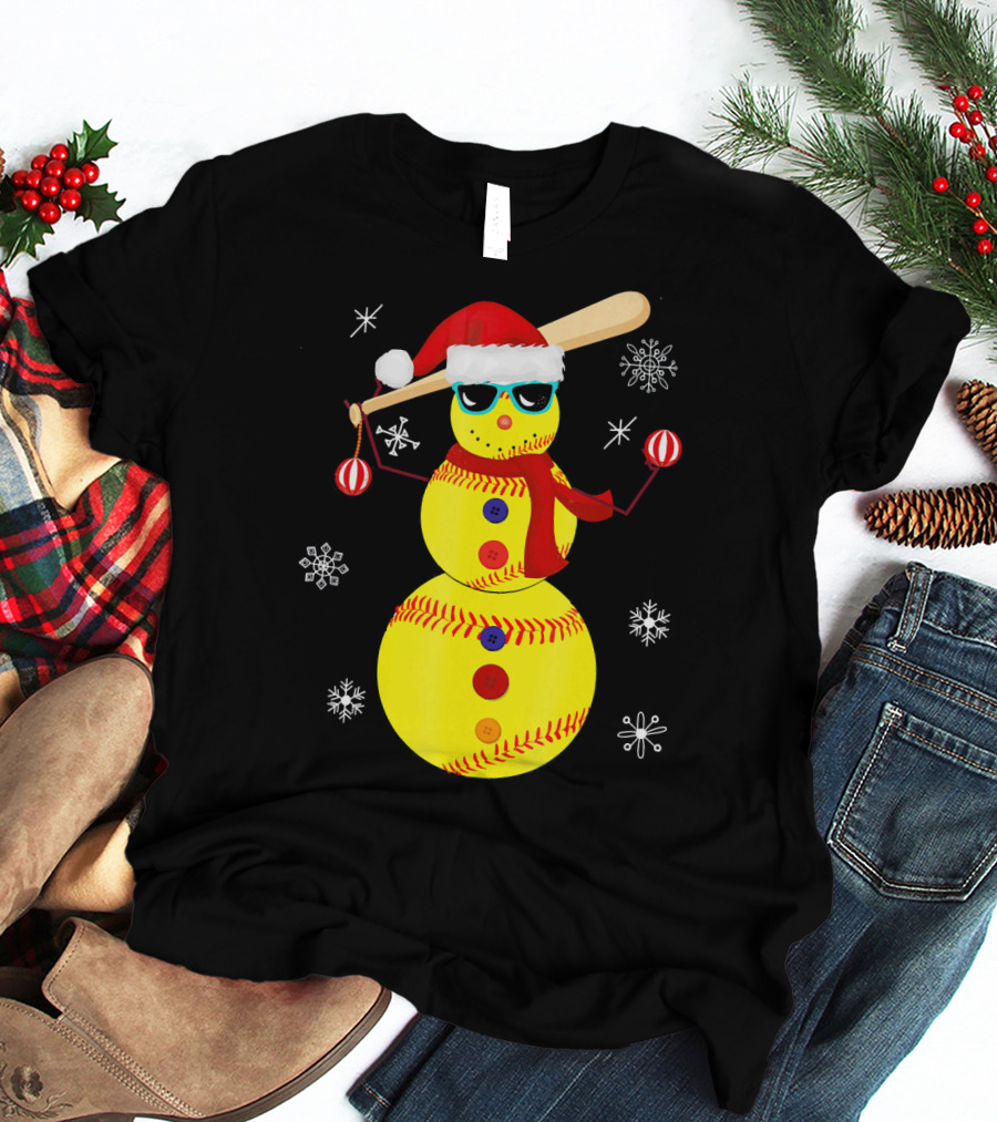 Christmas Softball Snowman With Bat And Santa Hat T-Shirt