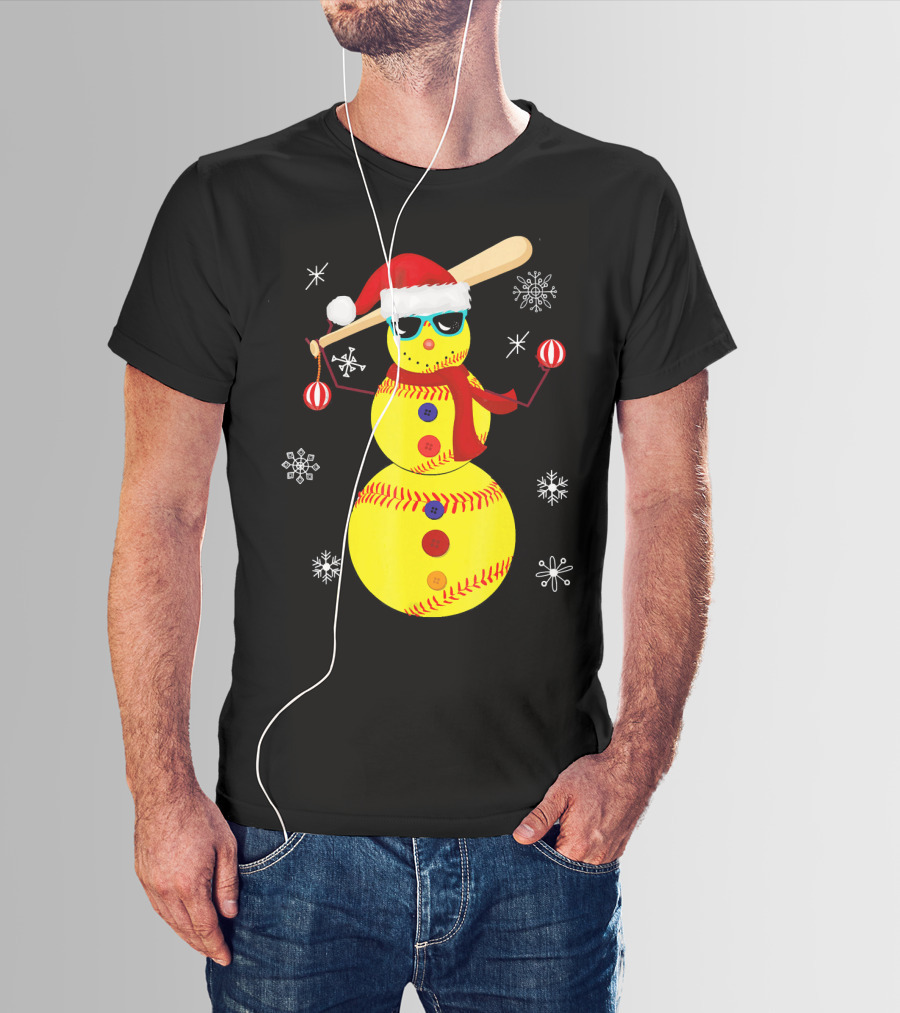 Christmas Softball Snowman With Bat And Santa Hat T-Shirt