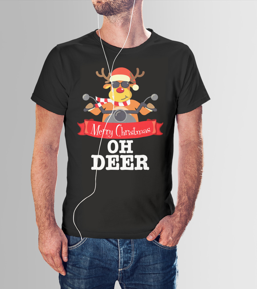 Merry Christmas Oh Deer Reindeer Motorcycle Santa Hat T-Shirt