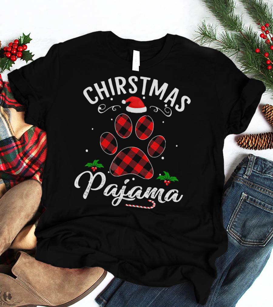 Buffalo Plaid Christmas Pajama Paw Holiday Hat T-Shirt