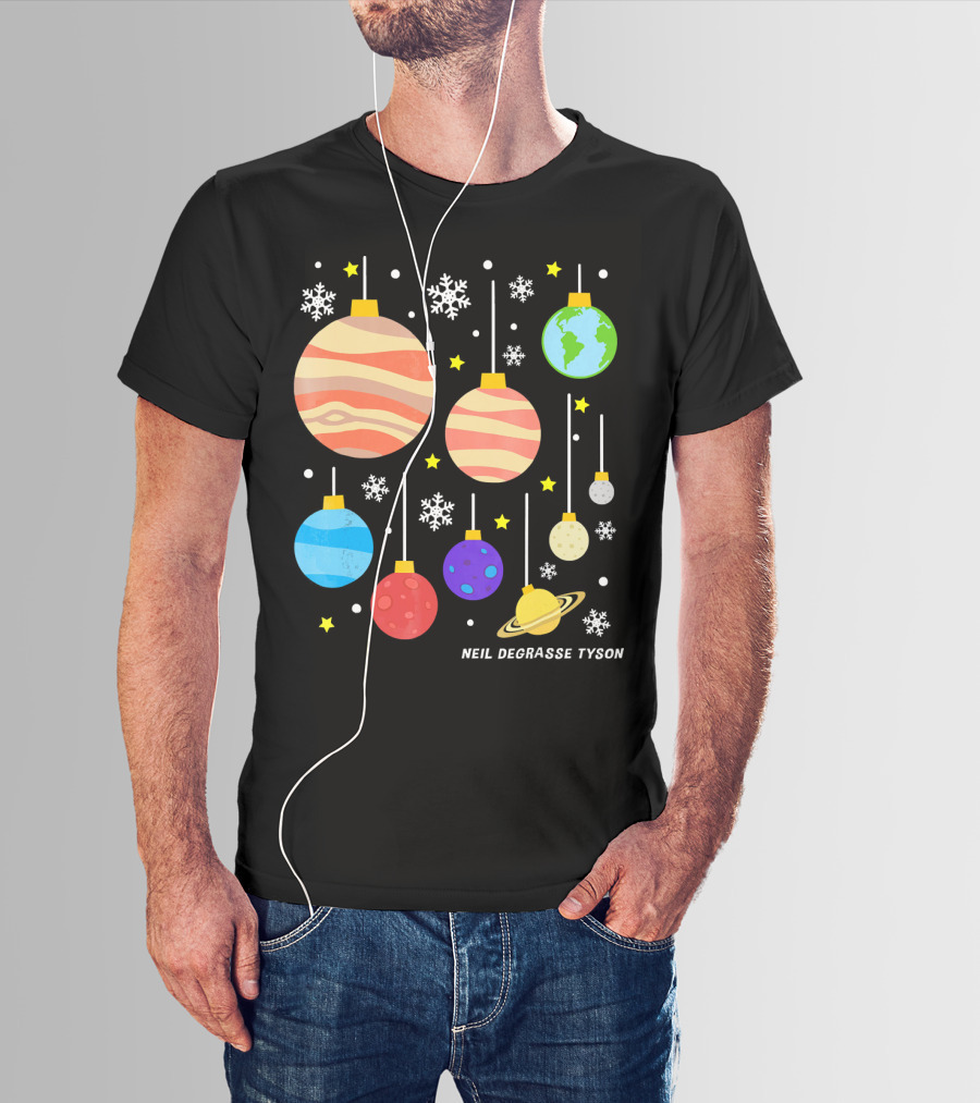 Neil DeGrasse Tyson Planets Hanging Ornaments Snowflakes Stars T-Shirt