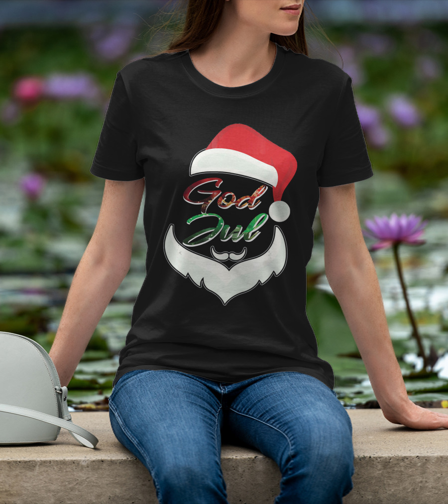God Jul Norwegian Merry Christmas Santa Hat And Beard Design Norway T-Shirt