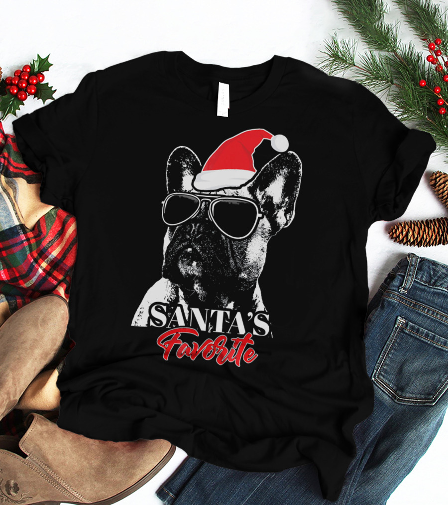 Santa's Favorite French Bulldog Wearing Sunglasses And Hat T-Shirt