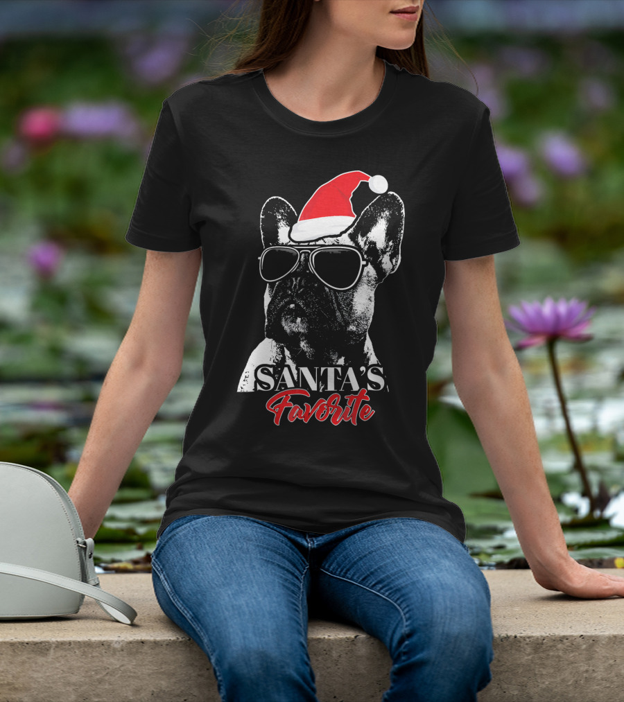 Santa's Favorite French Bulldog Wearing Sunglasses And Hat T-Shirt