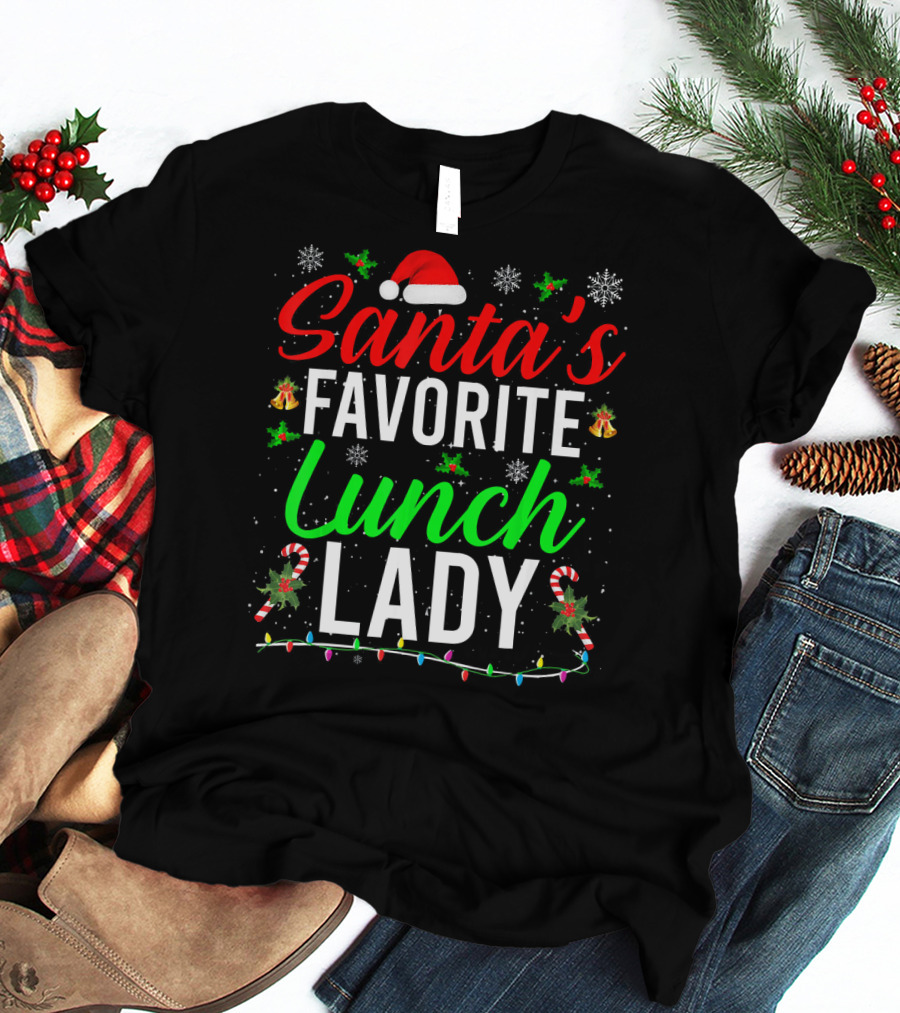 Santa's Favorite Lunch Lady Christmas Candy Cane Snowflakes T-Shirt
