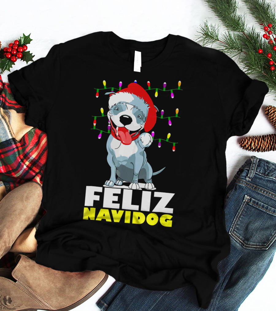 Feliz Navidog Pitbull In Santa Hat With Christmas Lights T-Shirt