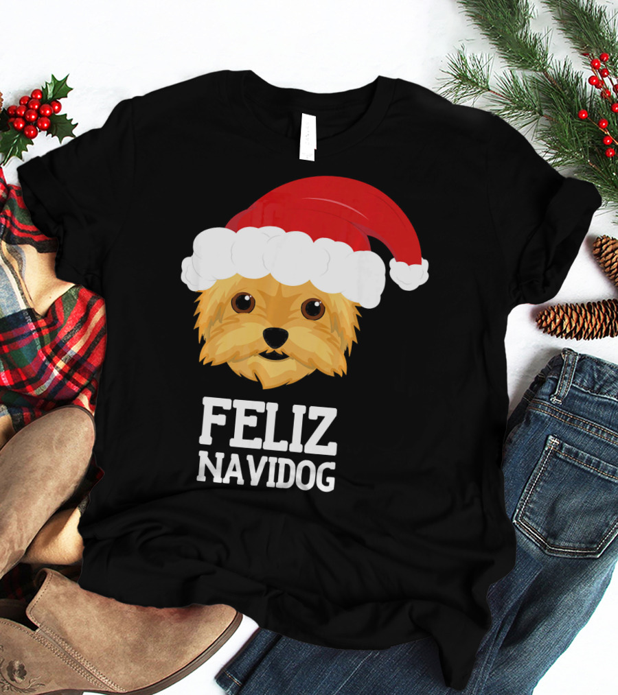 Feliz Navidog Merry Christmas Yorksh Dog Santa Hat T-Shirt
