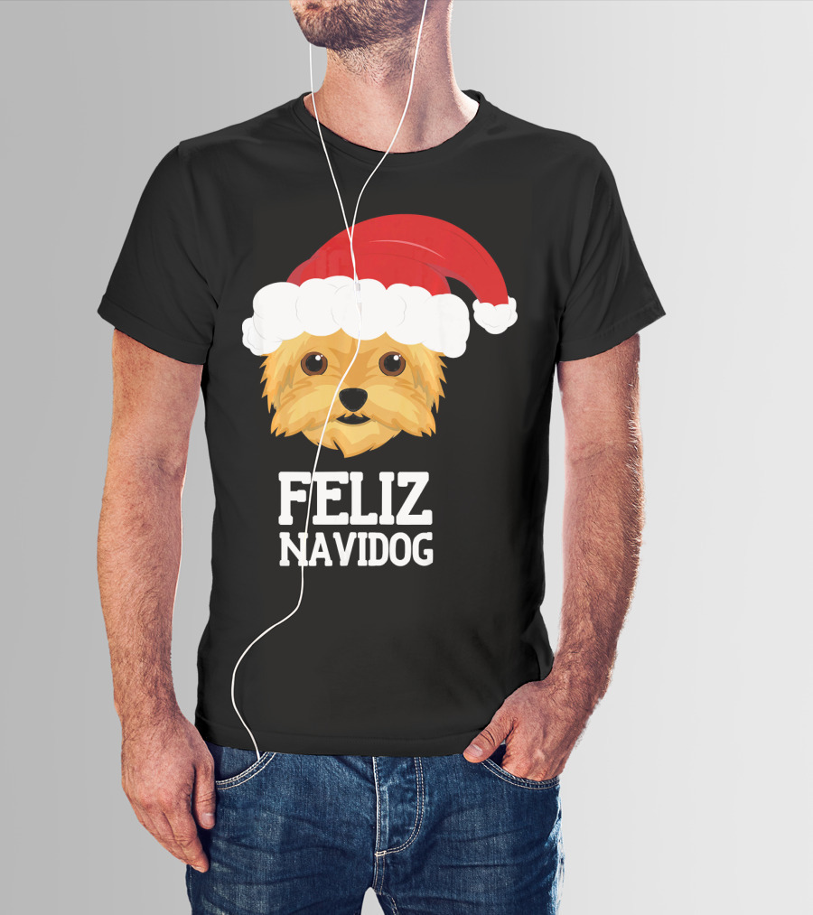 Feliz Navidog Merry Christmas Yorksh Dog Santa Hat T-Shirt