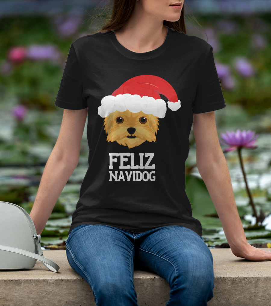 Feliz Navidog Merry Christmas Yorksh Dog Santa Hat T-Shirt