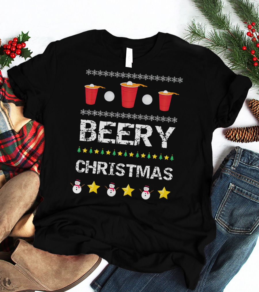 Beery Christmas Beer Pong Snowflakes Stars And Snowmen T-Shirt