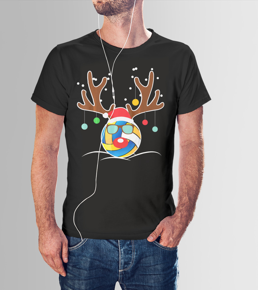 Volleyball Christmas Funny Reindeer Santa Hat Antlers Sunglasses Holiday Ornaments T-Shirt