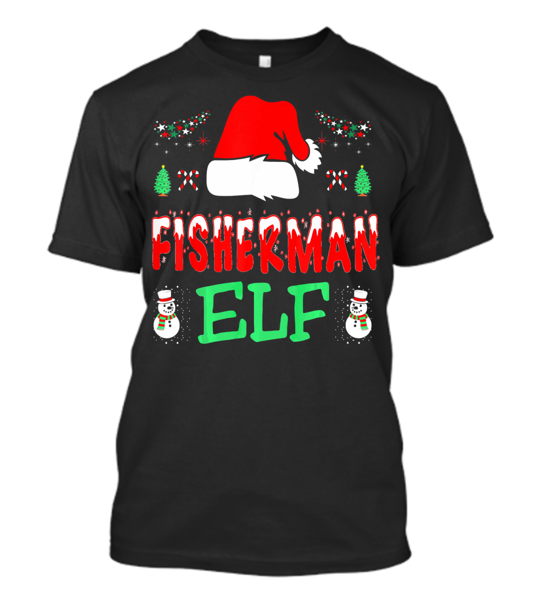 Fisherman Elf Christmas Snowman Santa Hat Candy Cane T-Shirt