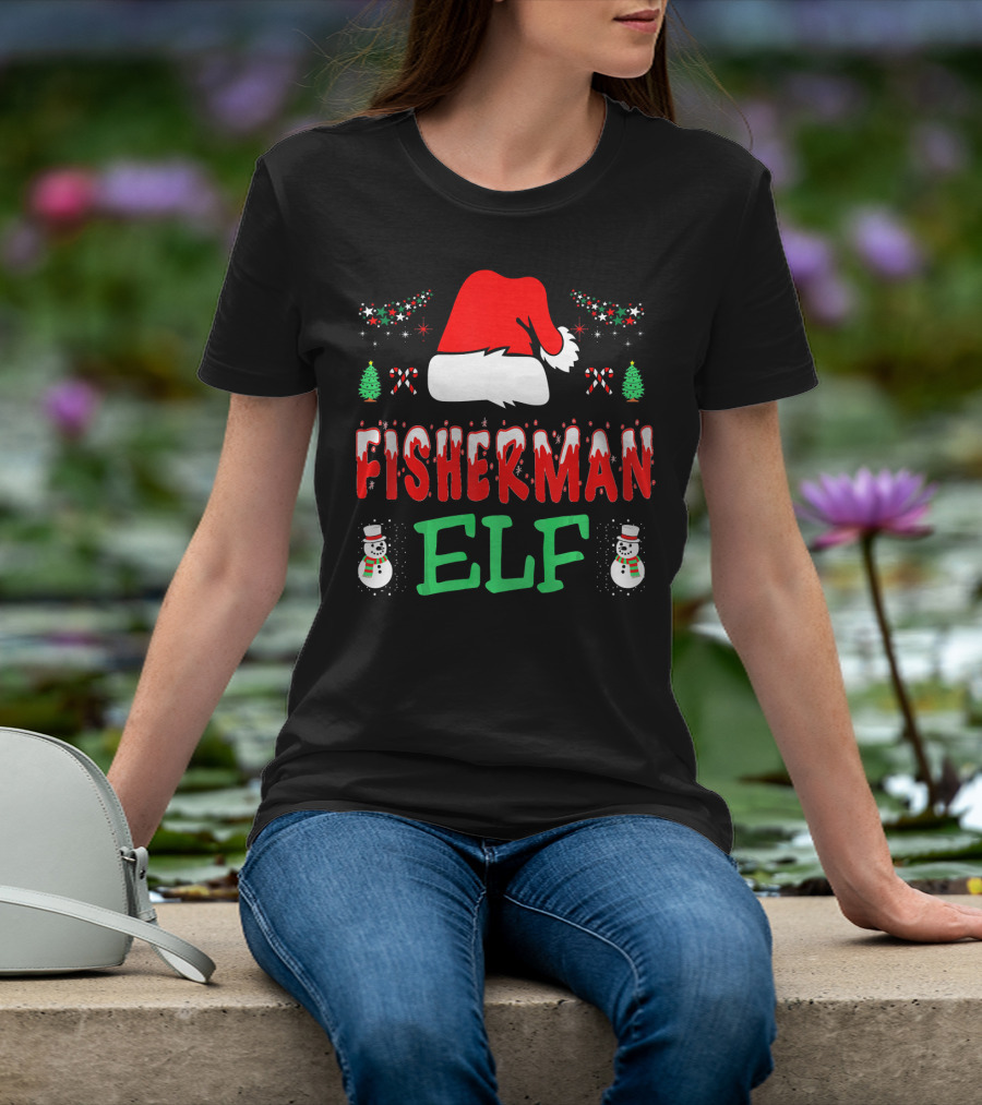 Fisherman Elf Christmas Snowman Santa Hat Candy Cane T-Shirt