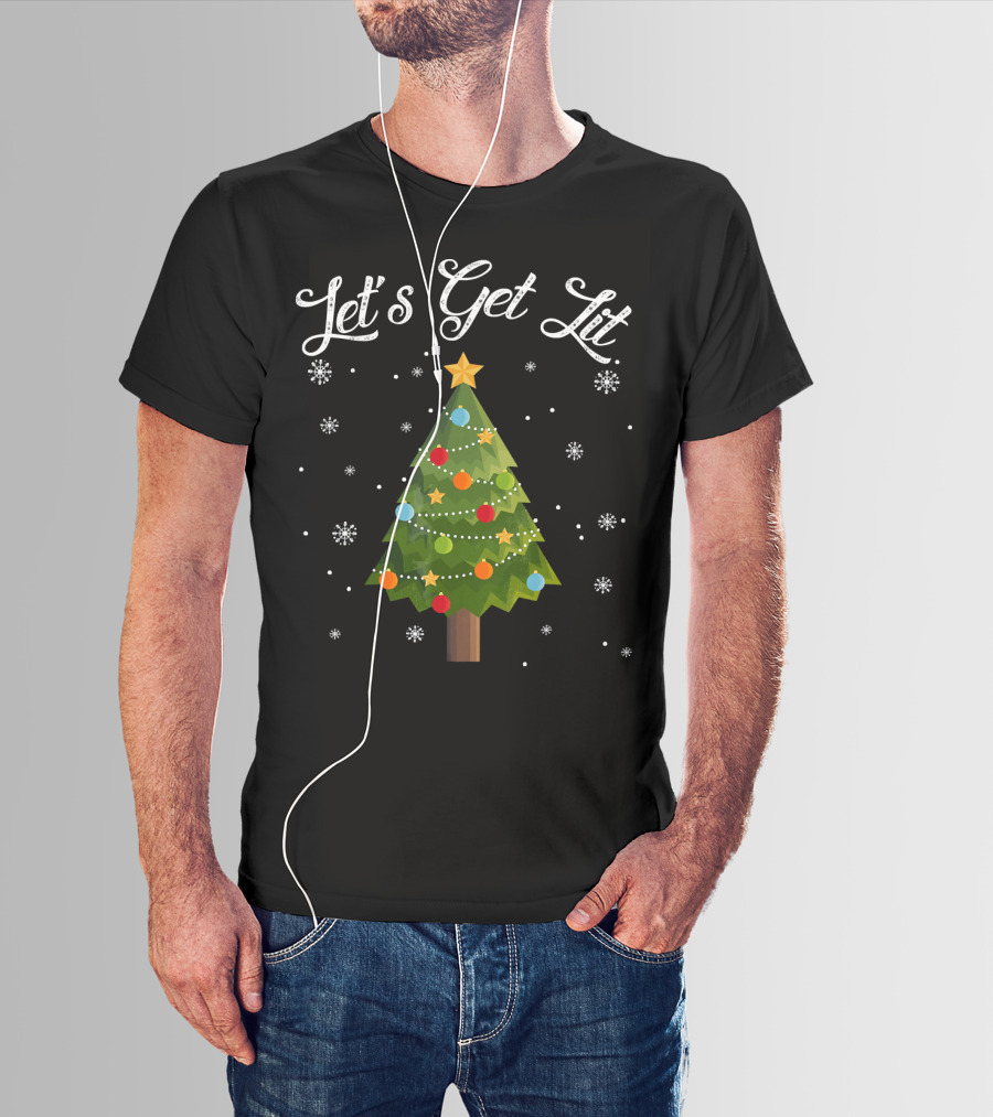 Let's Get Lit Christmas Tree Funny Drink Snowflakes T-Shirt
