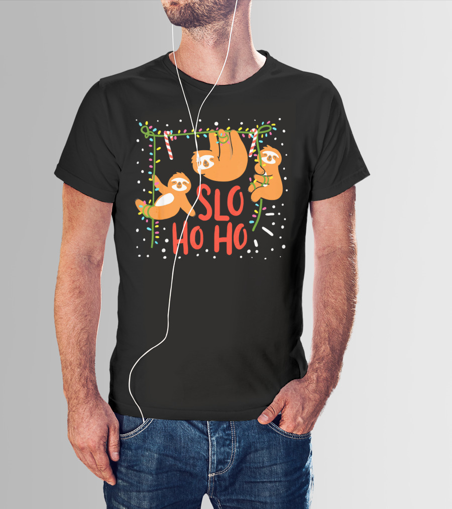 Slo Ho Ho Ho Christmas Sloth Hanging With Candy Cane And Lights T-Shirt