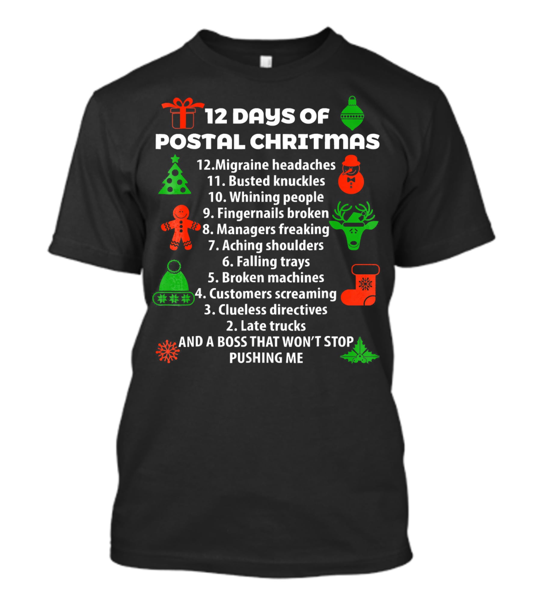 12 Days Of Postal Christmas Funny Holiday Countdown T-Shirt