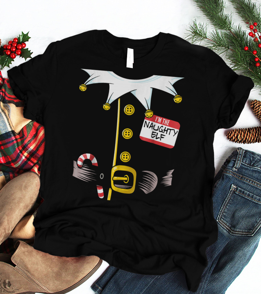 I'm The Naughty Elf With Candy Cane And Bell Collar T-Shirt