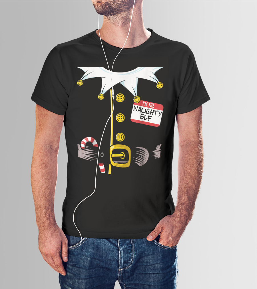 I'm The Naughty Elf With Candy Cane And Bell Collar T-Shirt