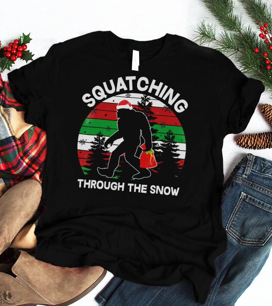Squatching Through The Snow Santa Bigfoot T-Shirt