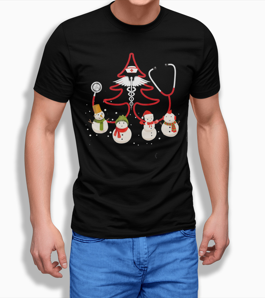Nurse Christmas Costume Funny Chris Snowmen Stethoscope Tree T-Shirt