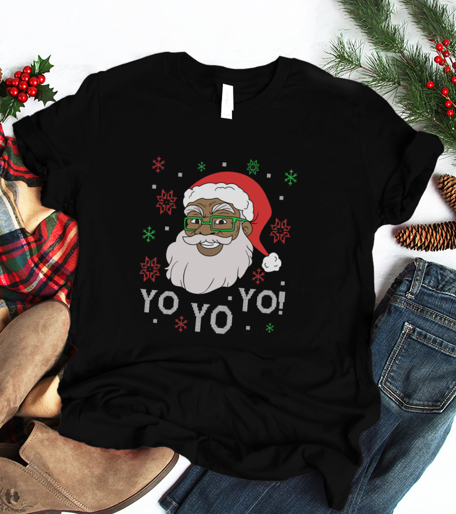 Yo Yo Yo Fun Black Santa Claus Christmas Snowflakes Glasses T-Shirt