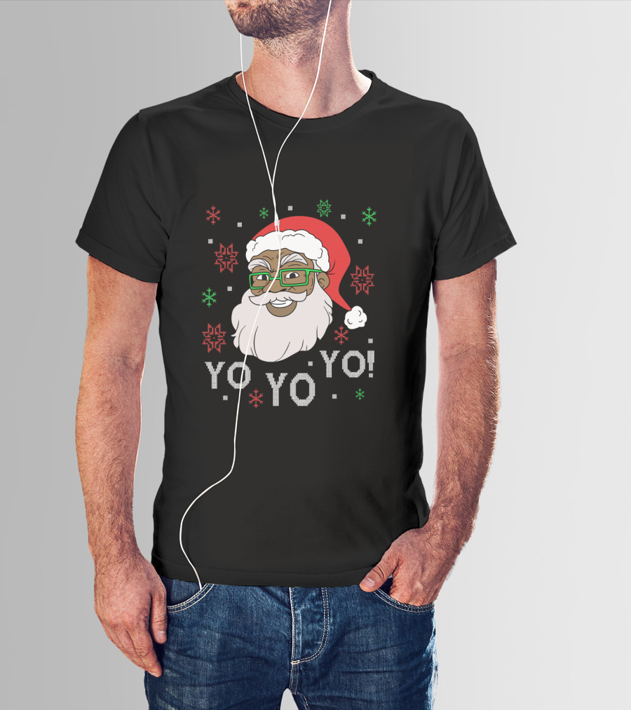 Yo Yo Yo Fun Black Santa Claus Christmas Snowflakes Glasses T-Shirt
