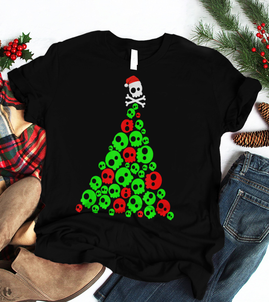 Christmas Santa Skull Tree Holiday T-Shirt