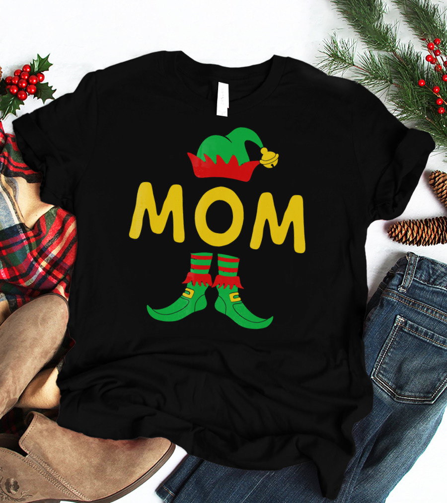 Mom Elf Funny Christmas Family Mat Festive Green And Red T-Shirt