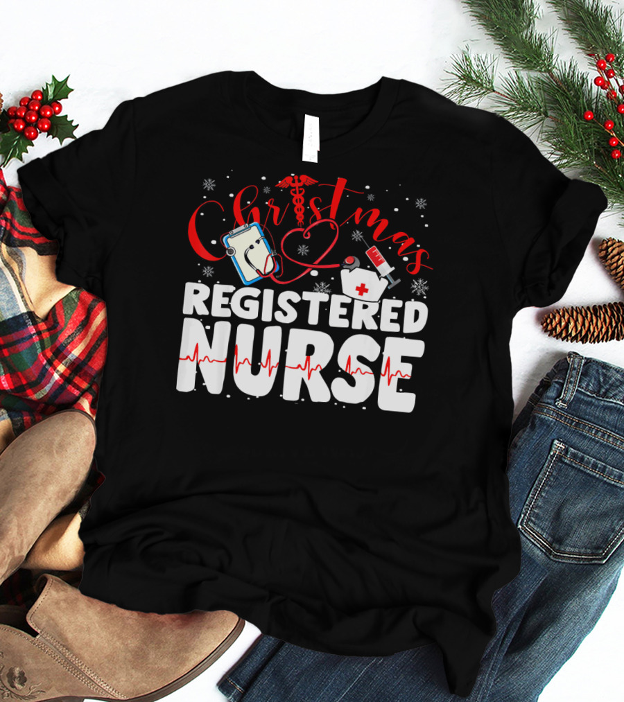Christmas Registered Nurse With Medical Icons And Heartbeat T-Shirt