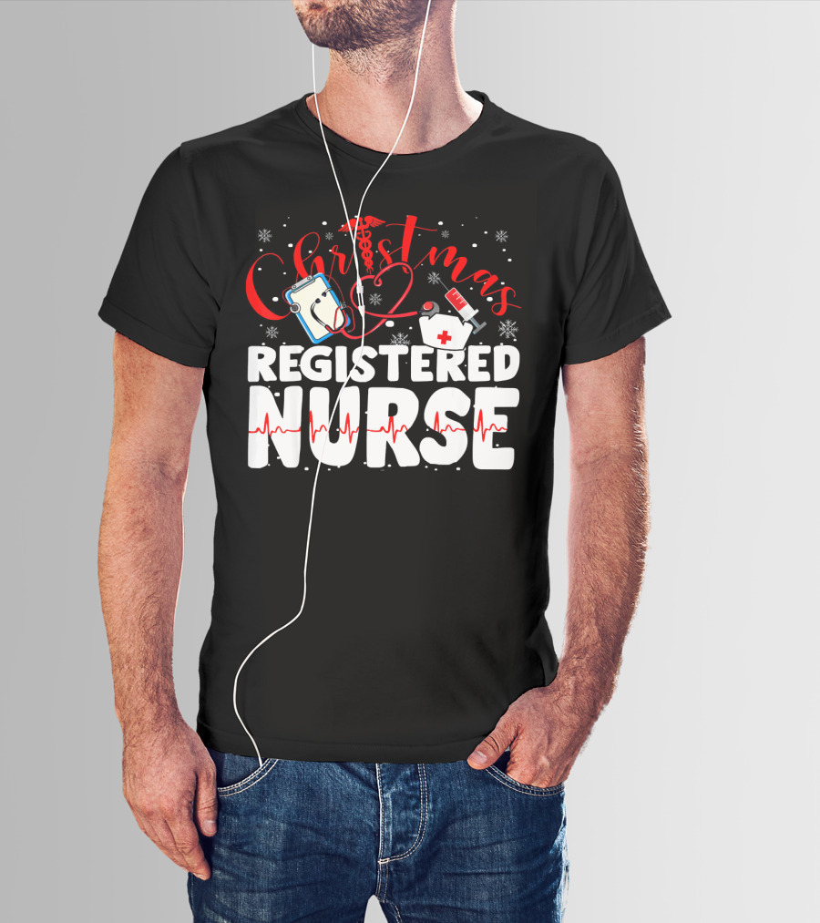 Christmas Registered Nurse With Medical Icons And Heartbeat T-Shirt
