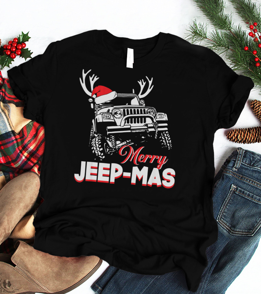 Merry Jeep-Mas Funny Jeep With Santa Hat And Reindeer Antlers T-Shirt