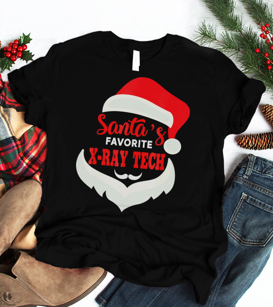 Santa's Favorite X-Ray Tech Christmas Santa Hat And Beard T-Shirt