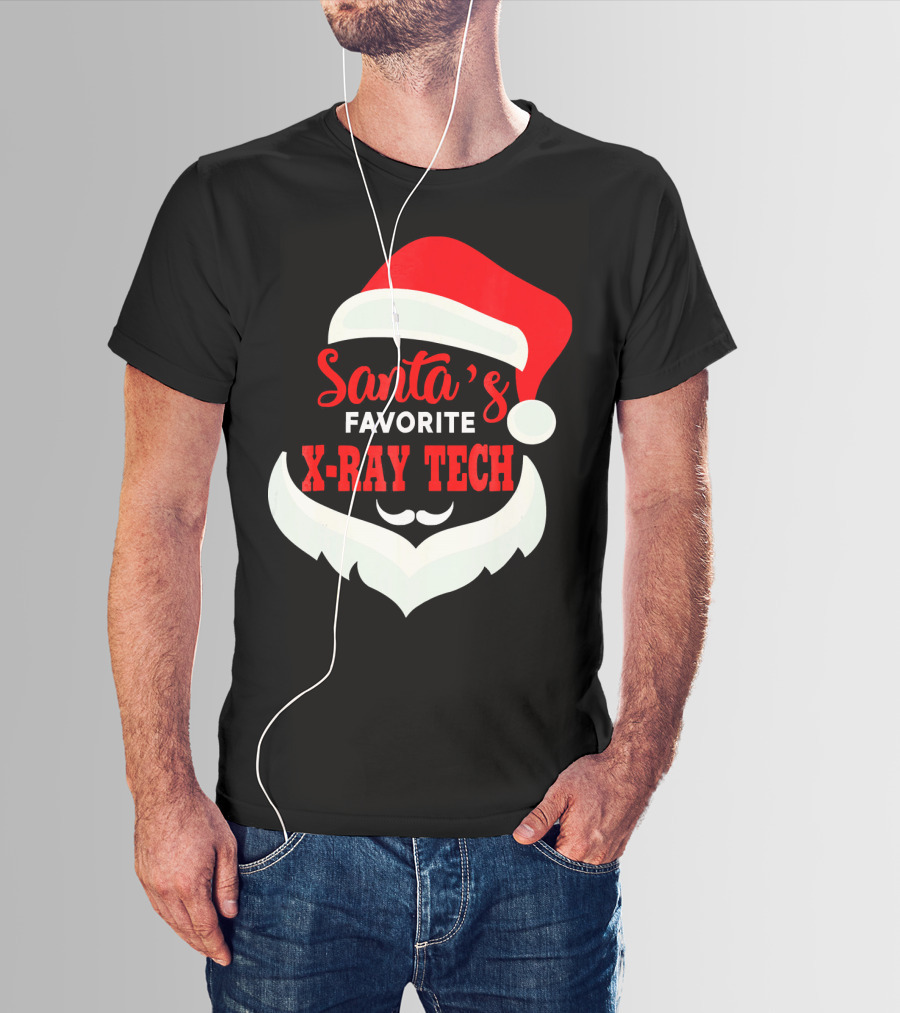 Santa's Favorite X-Ray Tech Christmas Santa Hat And Beard T-Shirt