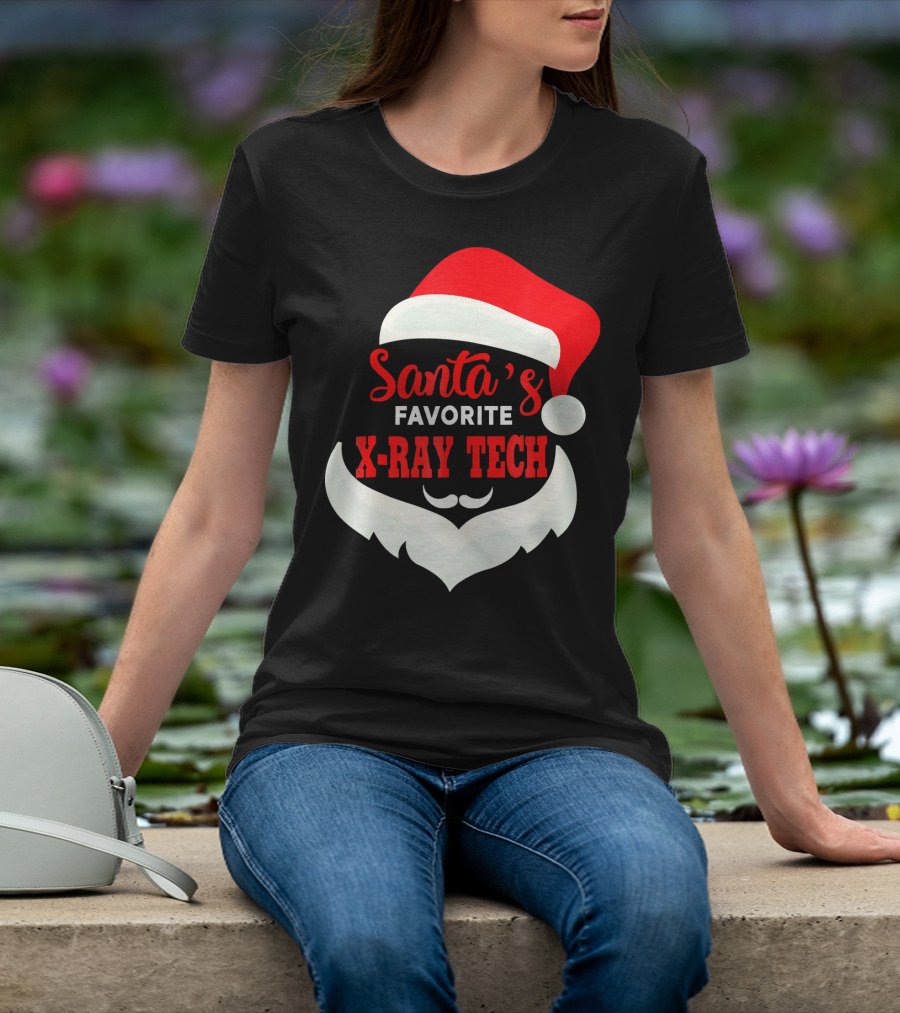 Santa's Favorite X-Ray Tech Christmas Santa Hat And Beard T-Shirt